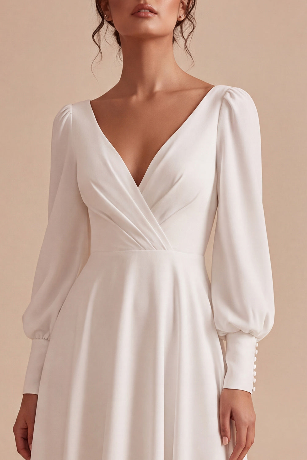 White A Line Ruched V-Neck Puff Sleeves Midi Engagement Dress