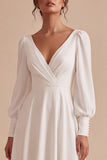 White A Line Ruched V-Neck Puff Sleeves Midi Engagement Dress