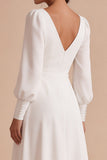White A Line Ruched V-Neck Puff Sleeves Midi Engagement Dress