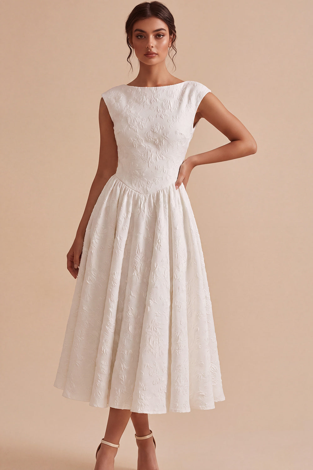 White Floral A Line Bateau Neck Cap sleeves Midi Engagement Dress