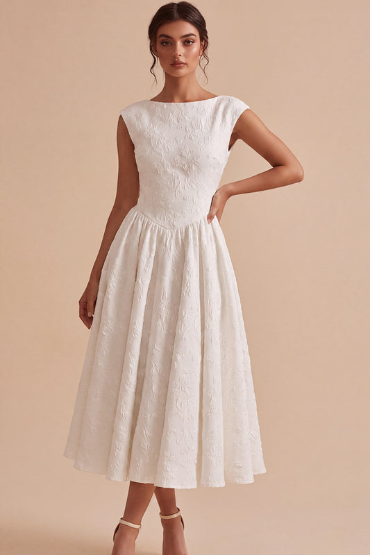 White Floral A Line Bateau Neck Cap sleeves Midi Engagement Dress