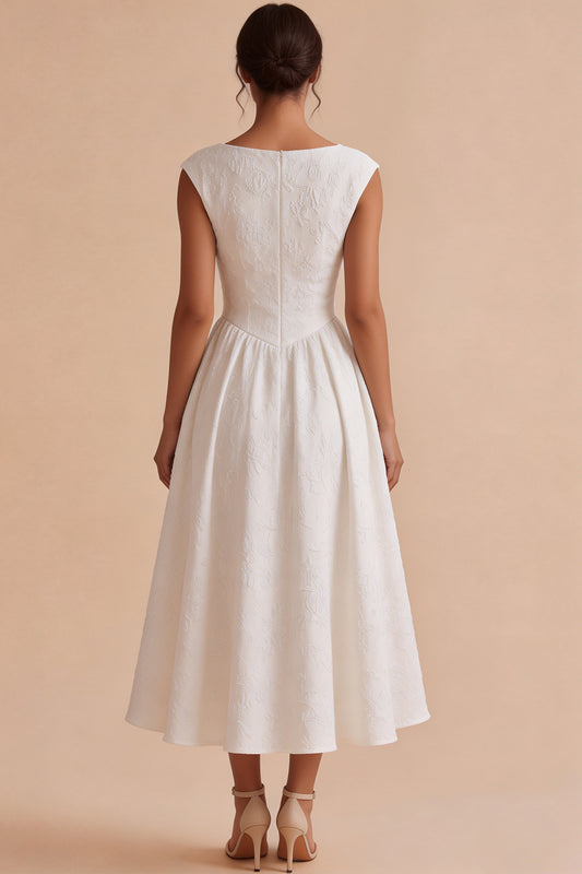 White Floral A Line Bateau Neck Cap sleeves Midi Engagement Dress