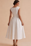White Floral A Line Bateau Neck Cap sleeves Midi Engagement Dress