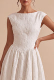 White Floral A Line Bateau Neck Cap sleeves Midi Engagement Dress