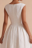 White Floral A Line Bateau Neck Cap sleeves Midi Engagement Dress