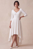 White A Line V-Neck Ruched 3/4 Sleeves High-Low Engagement Dress