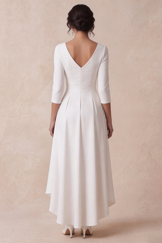 White A Line V-Neck Ruched 3/4 Sleeves High-Low Engagement Dress