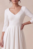 White A Line V-Neck Ruched 3/4 Sleeves High-Low Engagement Dress