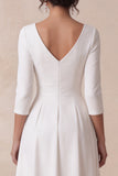 White A Line V-Neck Ruched 3/4 Sleeves High-Low Engagement Dress
