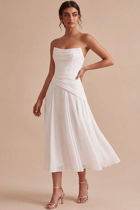 White A Line Chiffon Strapless Ruched Midi Engagement Dress