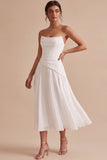 White A Line Chiffon Strapless Ruched Midi Engagement Dress