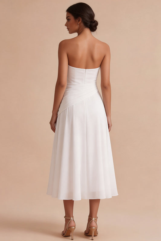 White A Line Chiffon Strapless Ruched Midi Engagement Dress