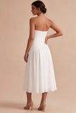 White A Line Chiffon Strapless Ruched Midi Engagement Dress