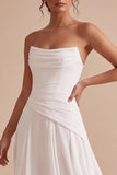 White A Line Chiffon Strapless Ruched Midi Engagement Dress