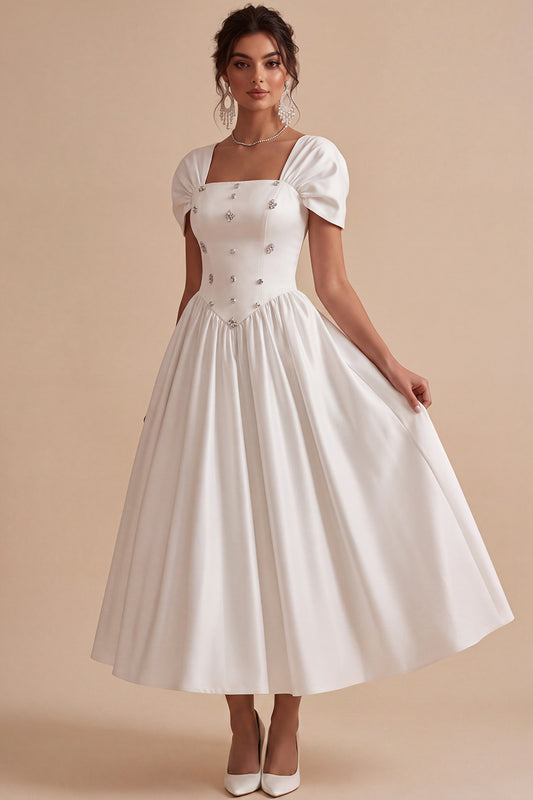 White A Line Square Neck Maxi Engagement Dress with Rhinestones