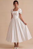 White A Line Square Neck Maxi Engagement Dress with Rhinestones
