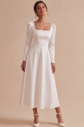 White A Line Square Neck Midi Engagement Dress with Sleeves