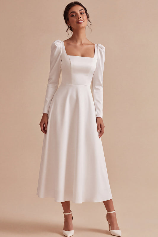 White A Line Square Neck Midi Engagement Dress with Sleeves