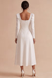 White A Line Square Neck Midi Engagement Dress with Sleeves