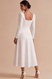 White A Line Square Neck Midi Engagement Dress with Sleeves