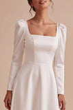 White A Line Square Neck Midi Engagement Dress with Sleeves