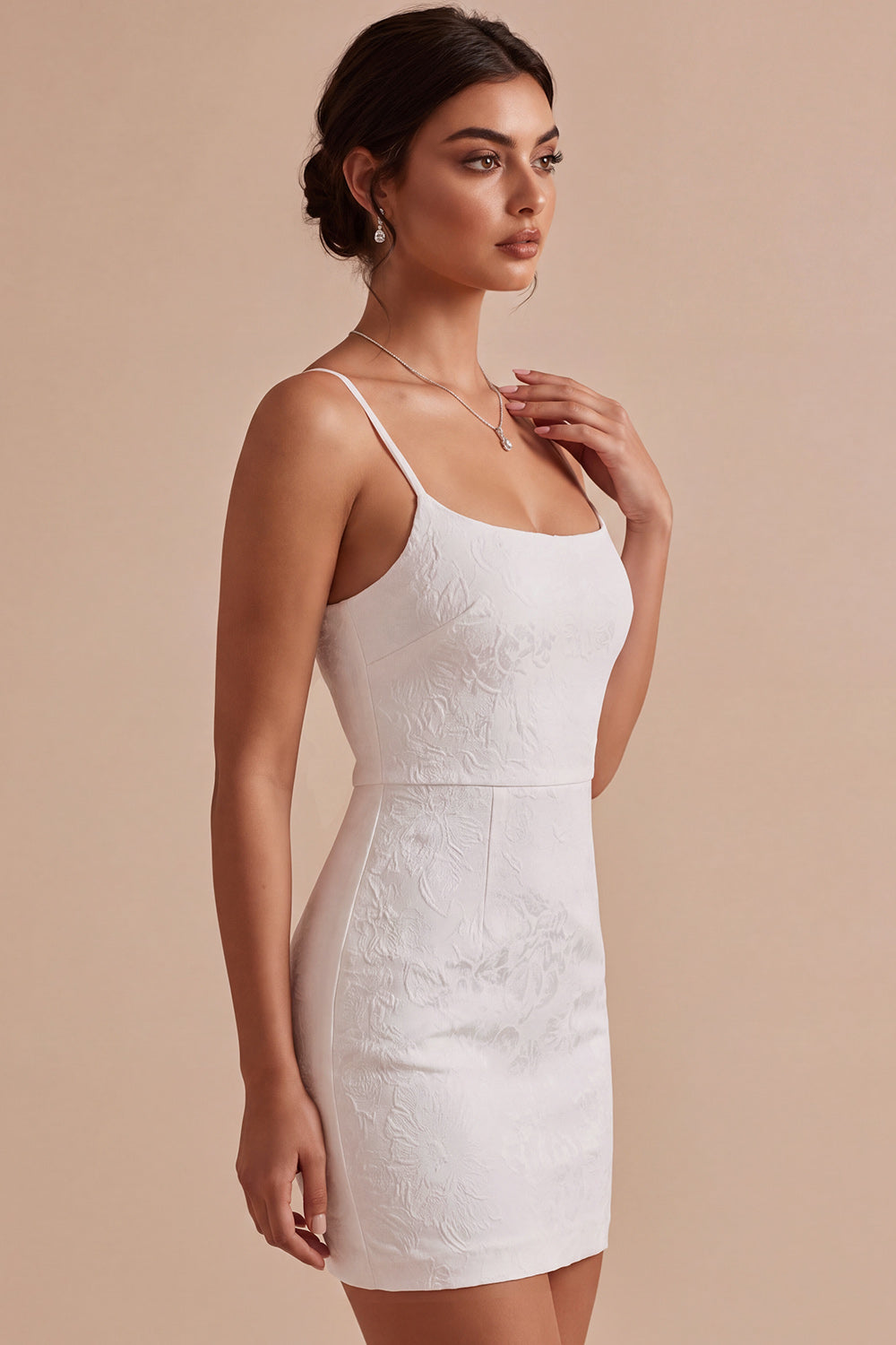 White Floral Tight Spaghetti Straps Ruched Short Graduation Dress