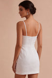White Floral Tight Spaghetti Straps Ruched Short Graduation Dress