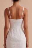 White Floral Tight Spaghetti Straps Ruched Short Graduation Dress