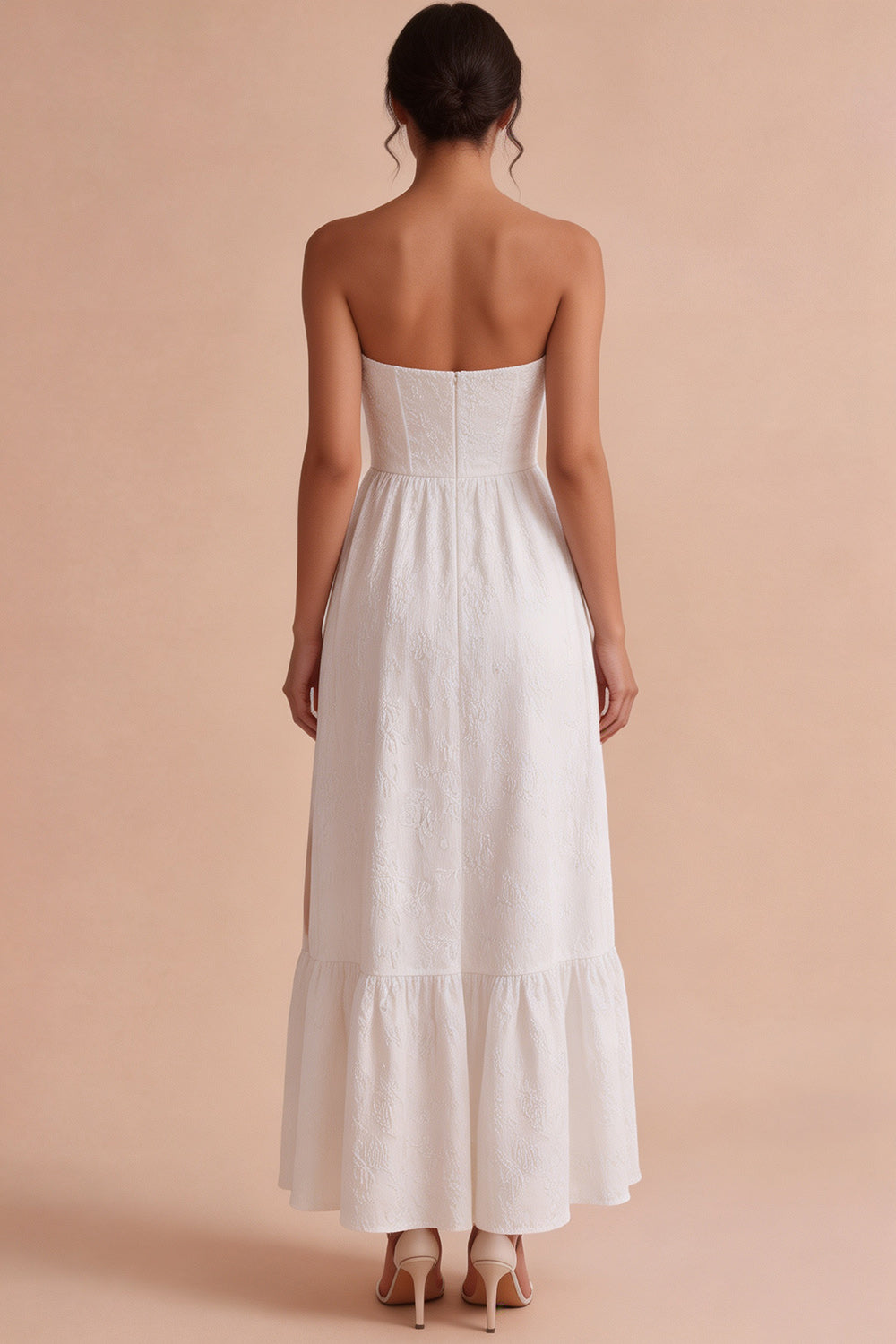 White Floral Corset Strapless Maxi Engagement Dress with Slit