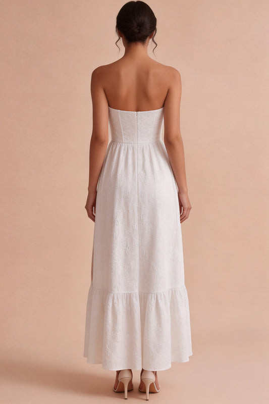 White Floral Corset Strapless Maxi Engagement Dress with Slit