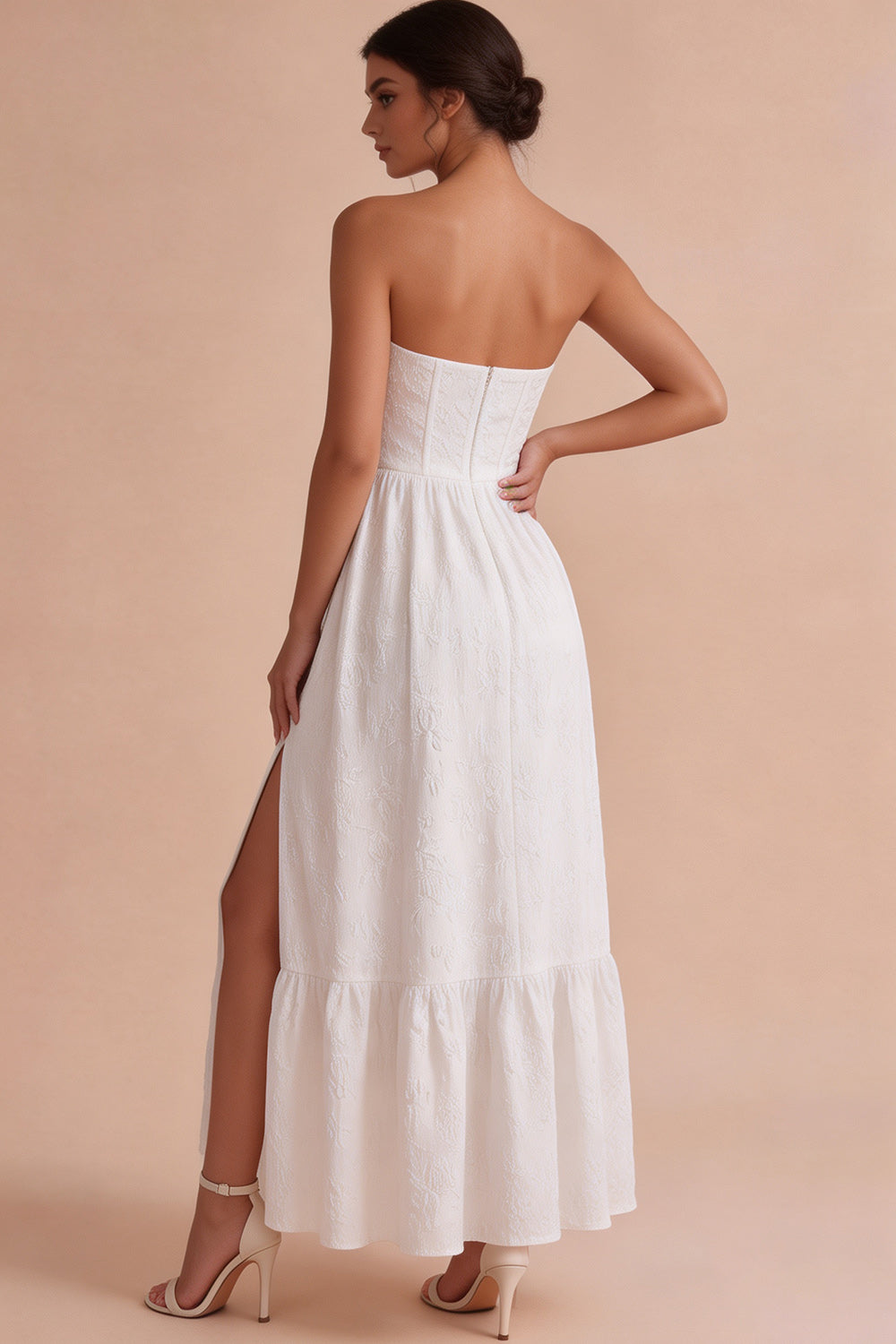 White Floral Corset Strapless Maxi Engagement Dress with Slit
