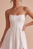White Floral Corset Strapless Maxi Engagement Dress with Slit