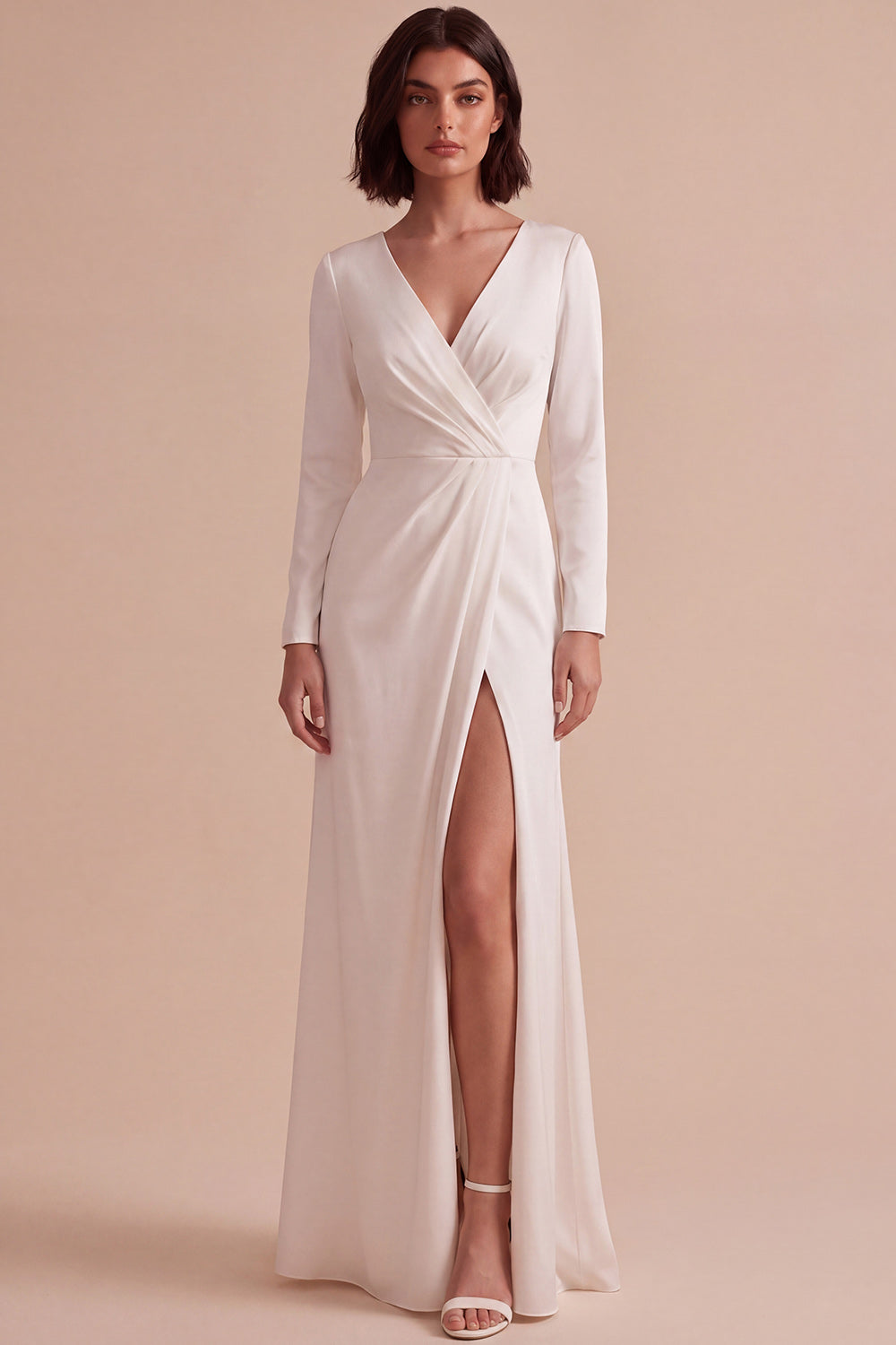White Sheath V-Neck Ruched Long Sleeves Engagement Dress with Slit
