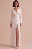 White Sheath V-Neck Ruched Long Sleeves Engagement Dress with Slit