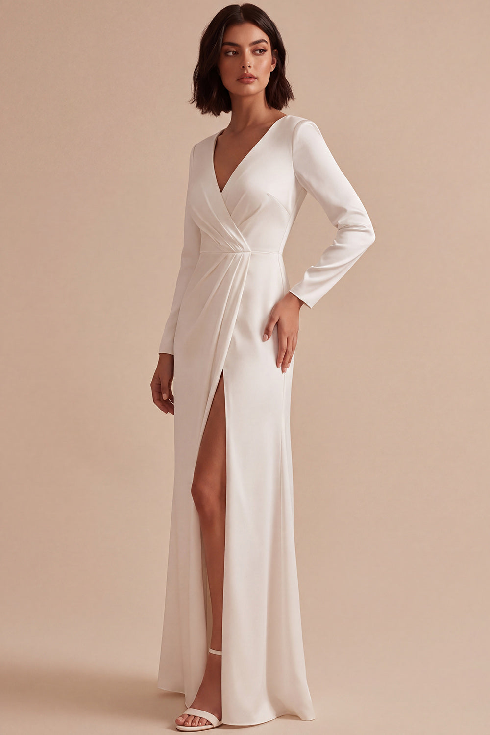 White Sheath V-Neck Ruched Long Sleeves Engagement Dress with Slit