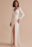 White Sheath V-Neck Ruched Long Sleeves Engagement Dress with Slit