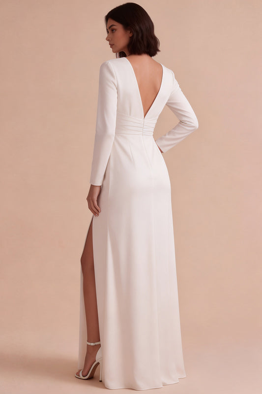 White Sheath V-Neck Ruched Long Sleeves Engagement Dress with Slit