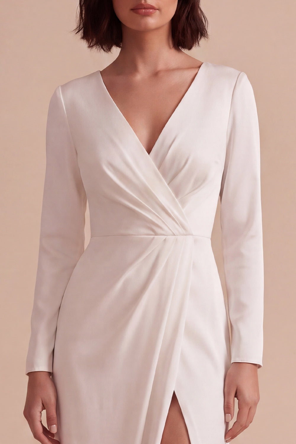White Sheath V-Neck Ruched Long Sleeves Engagement Dress with Slit