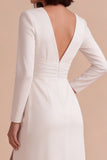 White Sheath V-Neck Ruched Long Sleeves Engagement Dress with Slit