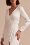 White Sheath V-Neck Ruched Long Sleeves Engagement Dress with Slit