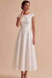 White Jacquard A Line Boat Neck Maxi Engagement Dress with Sleeves