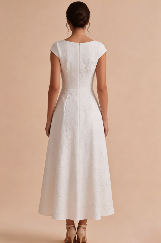 White Jacquard A Line Boat Neck Maxi Engagement Dress with Sleeves