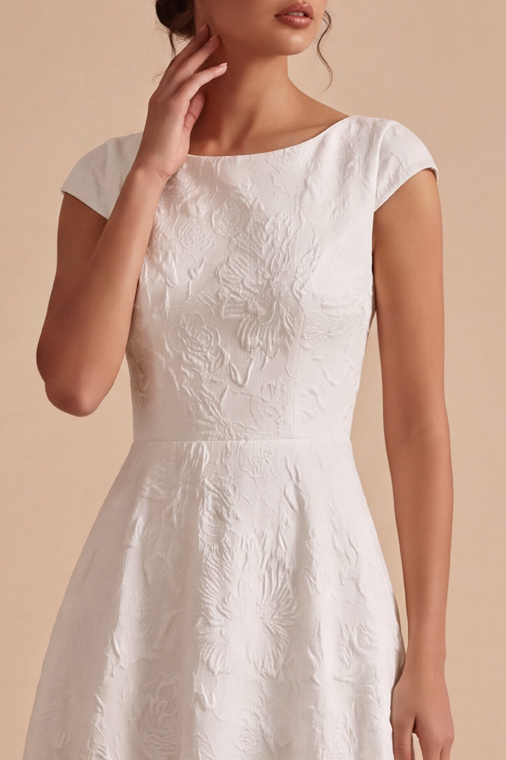 White Jacquard A Line Boat Neck Maxi Engagement Dress with Sleeves