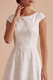 White Jacquard A Line Boat Neck Maxi Engagement Dress with Sleeves