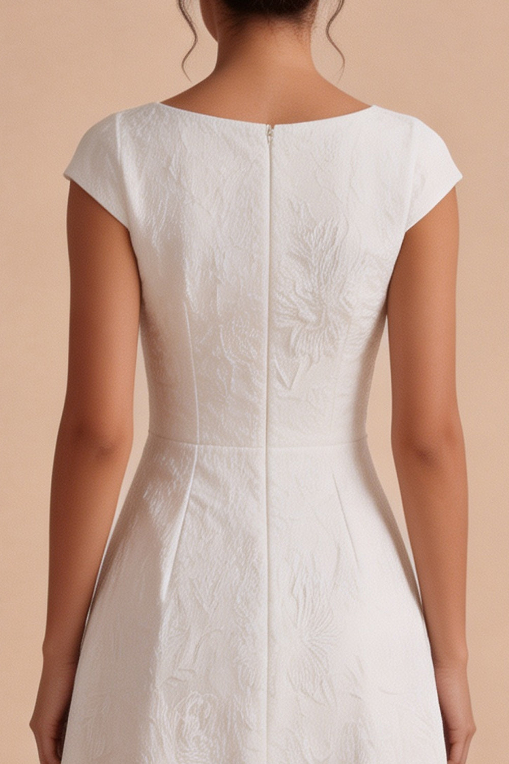 White Jacquard A Line Boat Neck Maxi Engagement Dress with Sleeves