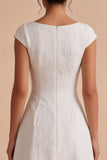 White Jacquard A Line Boat Neck Maxi Engagement Dress with Sleeves