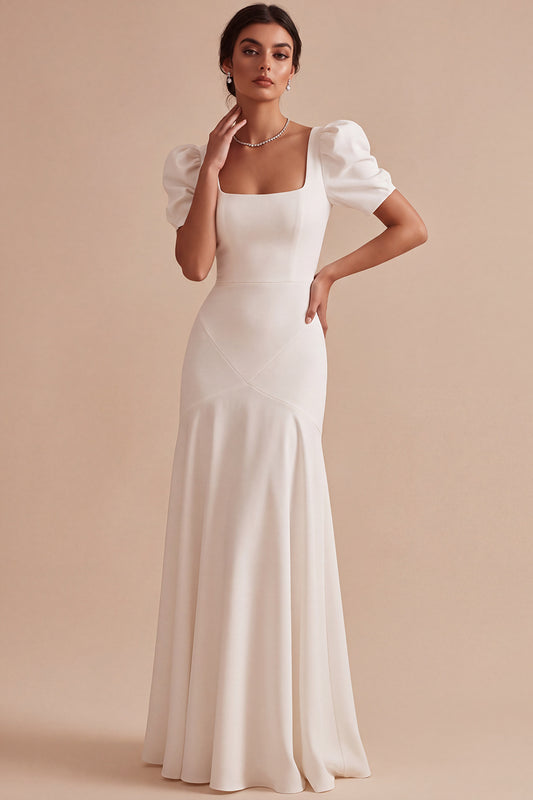 White Mermaid Square Neck Puff Sleeves Long Engagement Dress