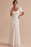 White Mermaid Square Neck Puff Sleeves Long Engagement Dress