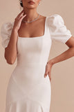 White Mermaid Square Neck Puff Sleeves Long Engagement Dress