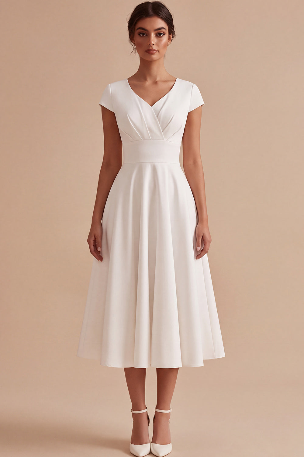 White A Line V-Neck Ruched Cap Sleeves Midi Engagement Dress